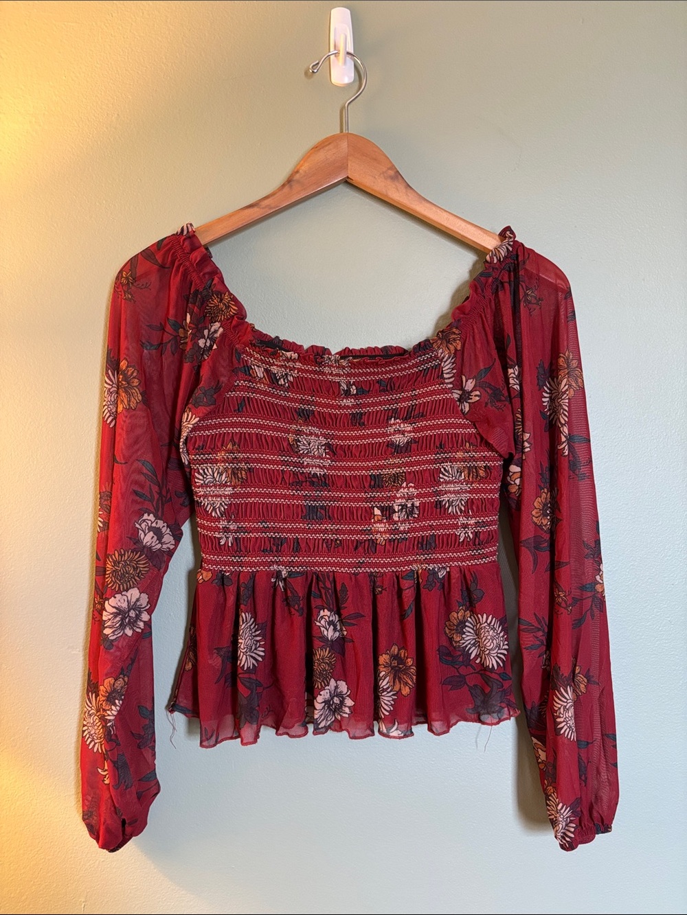 Smocked Floral Peplum Blouse in Burgundy